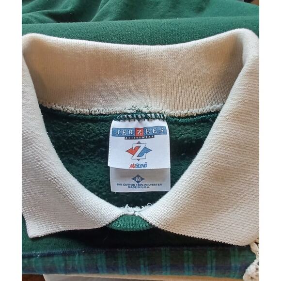 Vintage 90s Jerzees Green Collared Christmas Patchwork Sweatshirt Size Medium - Picture 5 of 7